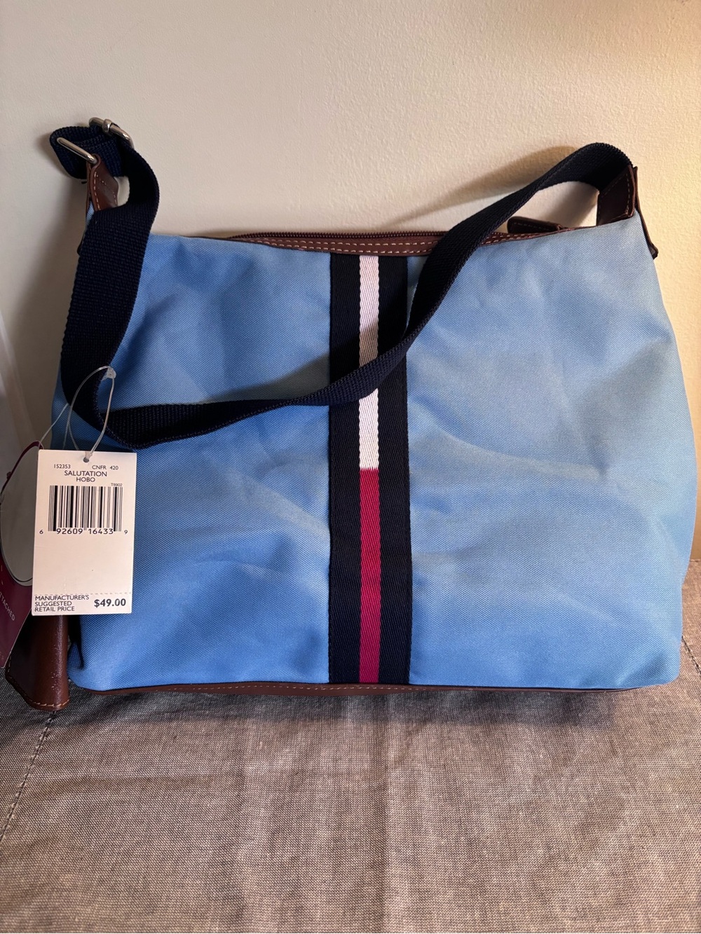 Brand new Tommy Hilfiger Light Blue Canvas Shoulder Bag with Center Stripe